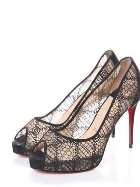 Christian Louboutin Very Lace 100 Rete Black Peep Toe Pumps 38.5 brand new